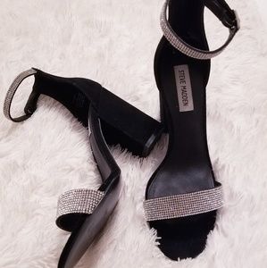 Black suede heels with rhinestones